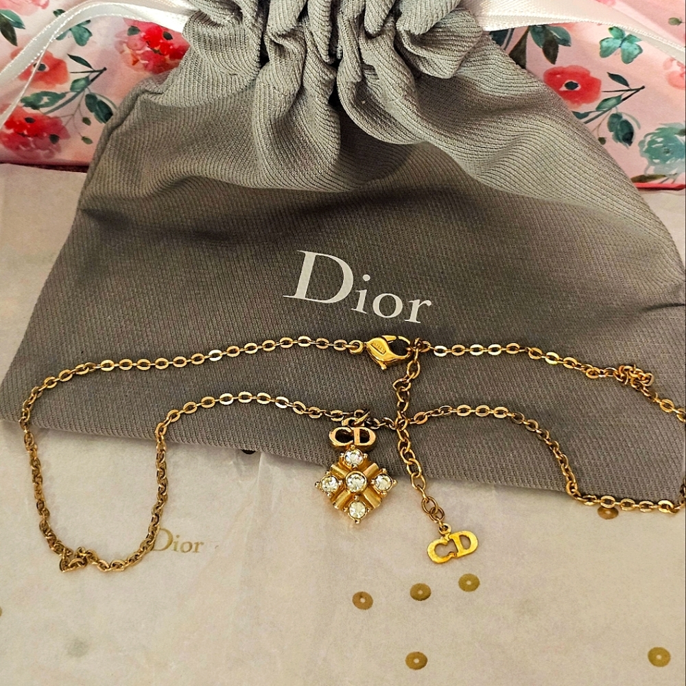 Christian Dior Vintage Gold and Rhinestone "CD" Pendant Necklace